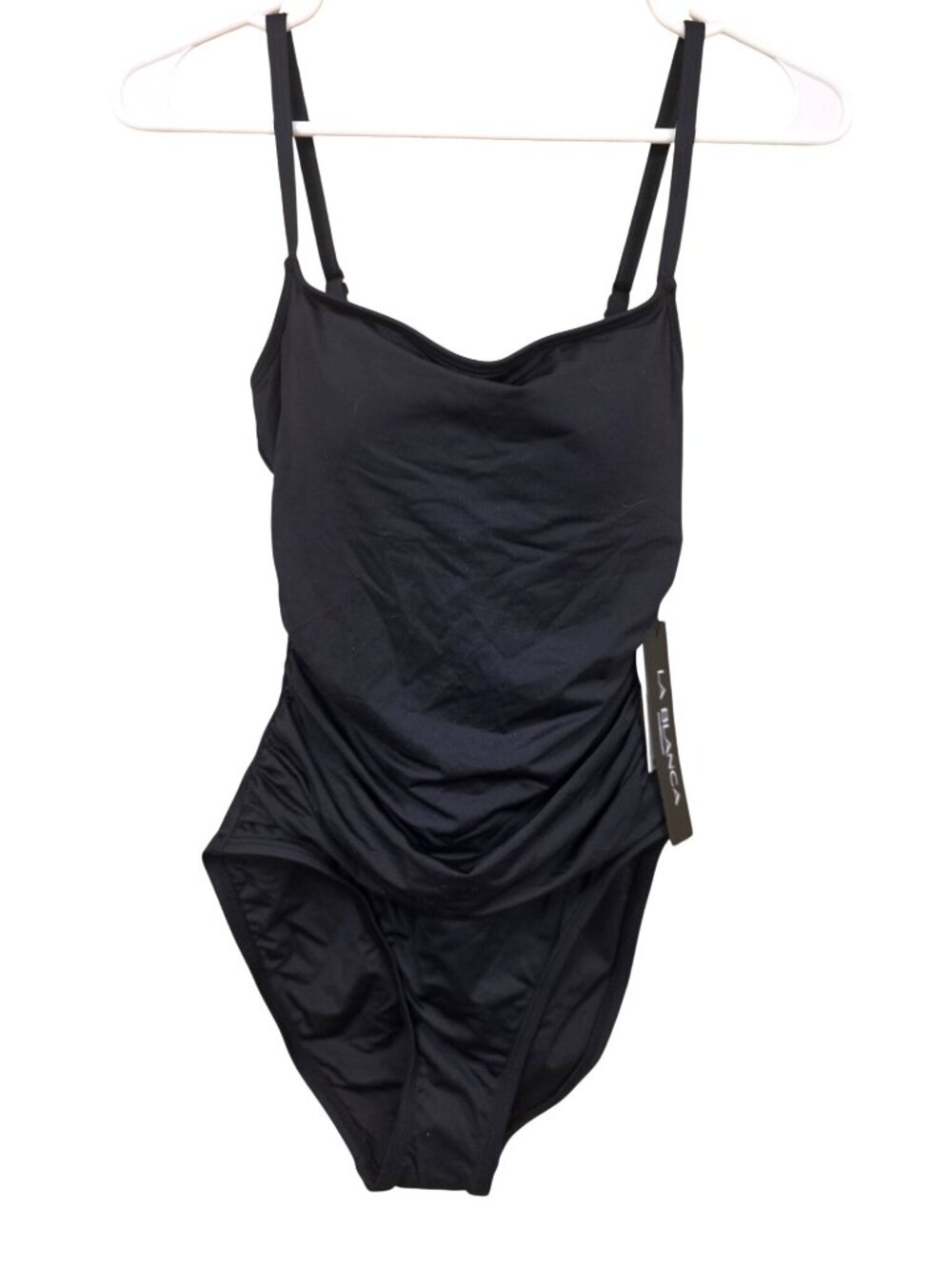 NWT La Blanca One Piece Swimsuit Island Goddess Ruched Classic Black Sz 2 Chic